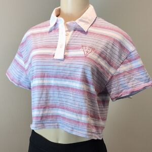 Guess Cropped Polo Pink Blue White Striped Shirt Women's Size Small